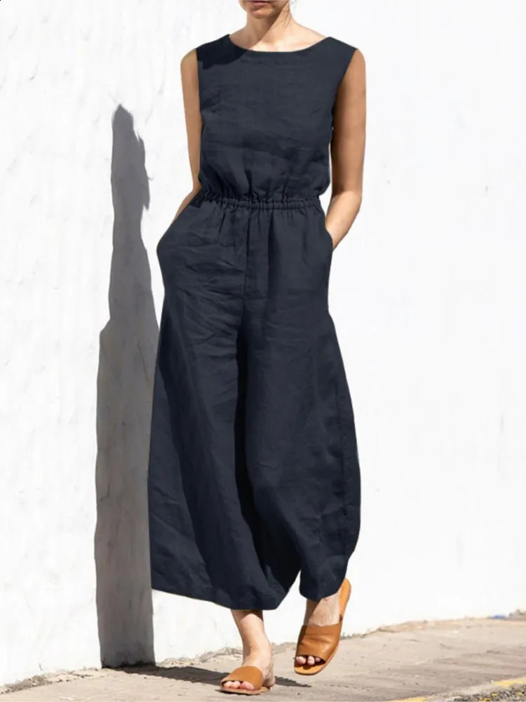 Fashion Buttoned Women Wide Leg Pant Jumpsuit Summer Solid Round Neck Sleeveless Pocket Playsuit Ladies Loose One-Piece Pants 250107