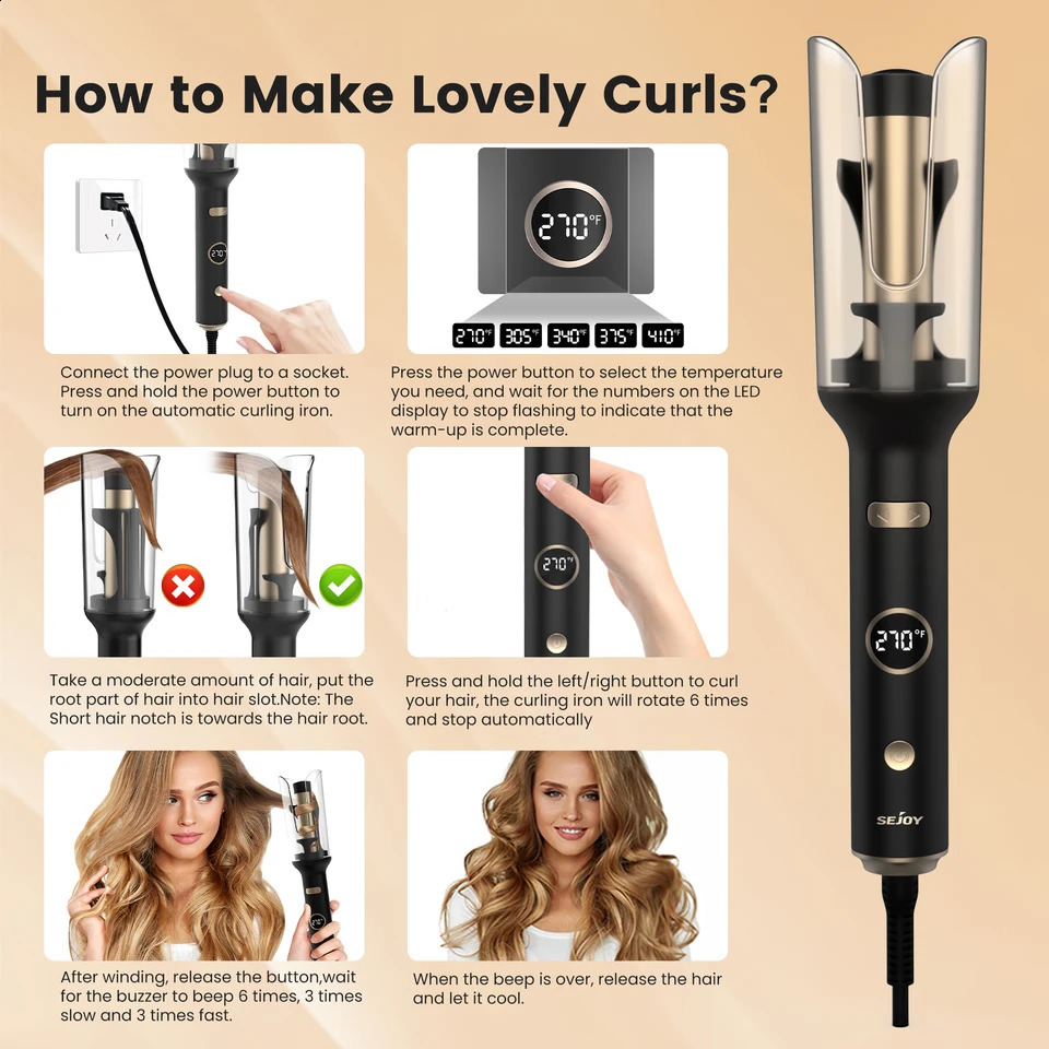 SEJOY Auto Curling Iron Professional Tangle Auto Hair Curler with 1.0-inch Rotating Barrel 5 Temps and Auto Shut-Off 250206