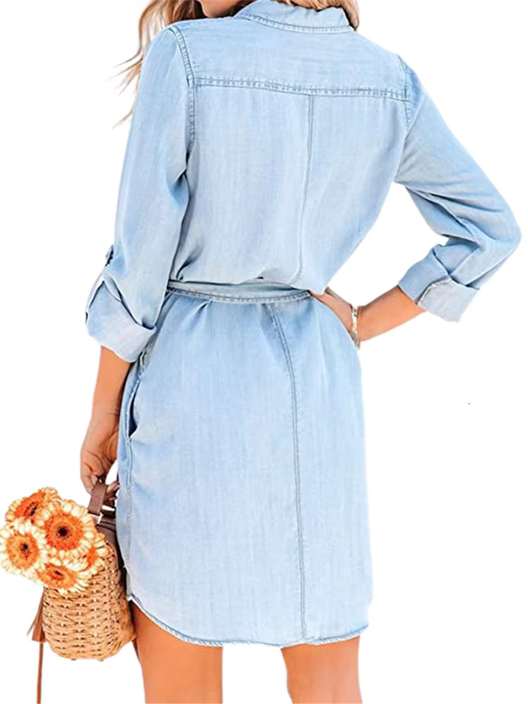 Women Autumn Denim Shirt Solid Color Long Sleeve Button-Down Lapel Short Dress With Belt