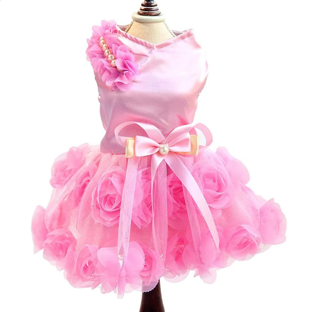 Pet Small Dog Wedding Dress with Bowknot Birthday Party Costume Satin Rose Pearls Girl Formal Dress for Puppy Dog Cat Tutu Dress 250206