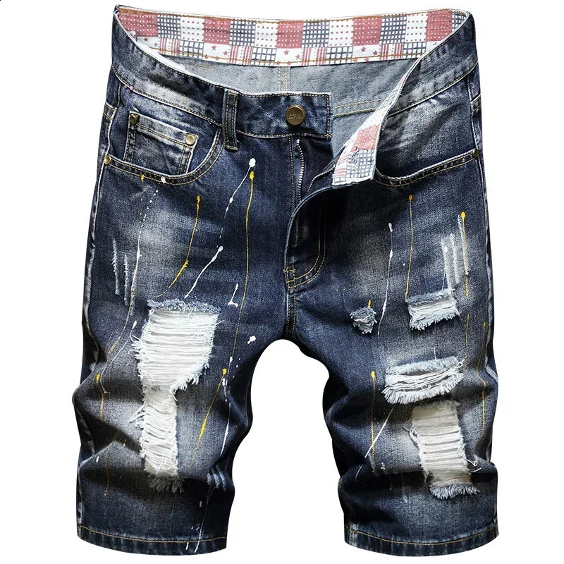 Summer Mens Jeans Trend Beggar Quarter Pants Ripped Denim Shorts Loose Straight Painted 250206