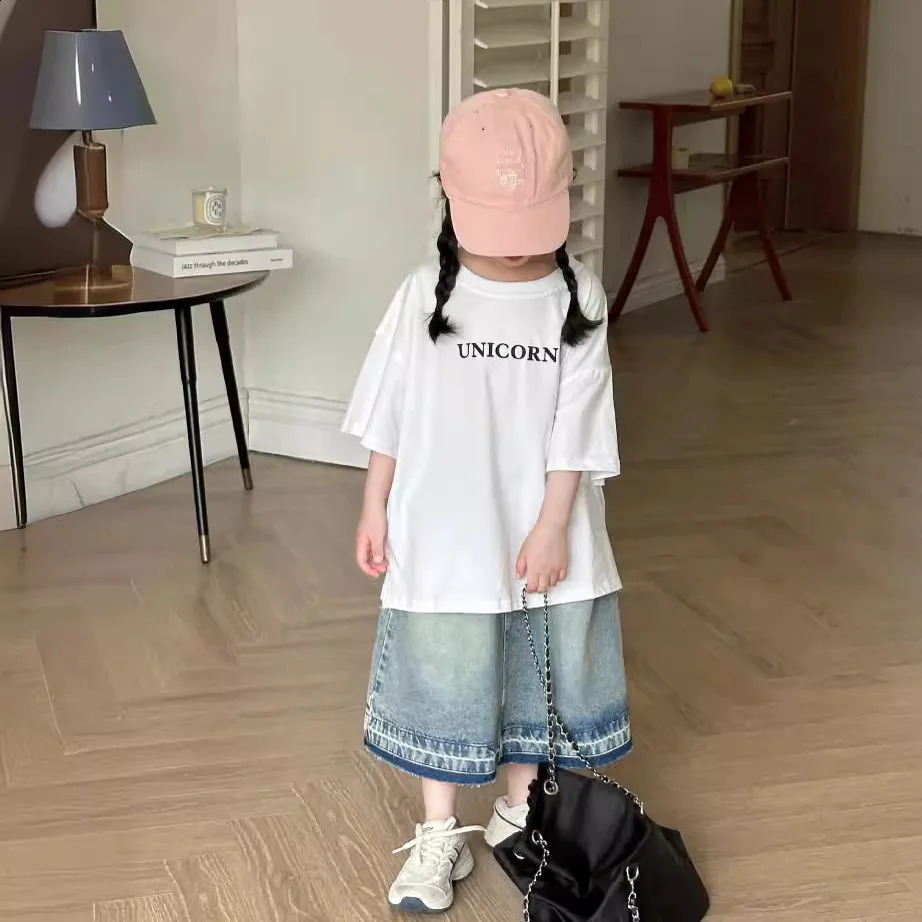 Baby Girl Top Korean Children Girls Letter Printed Short Sleeve T-shirt Summer Baby Loose Half Sleeve Base Tops 250207