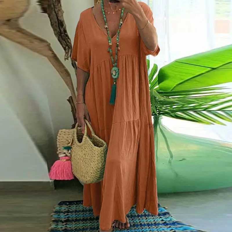 Summer New Casual Solid Color Cotton Hemp Short Sve Long Womens Dress Simple Loose Beach Maxi Fe Fashion Dresses 2023XJ2500207