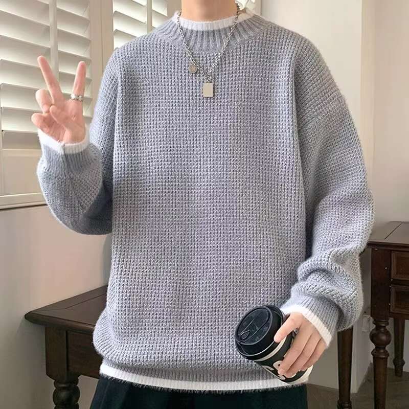 Autumn Winter New Fashion Round Neck Long Sleeve Solid Color Fake Two Pieces Pullovers Men's Clothing Trend Knitting Chic Tops