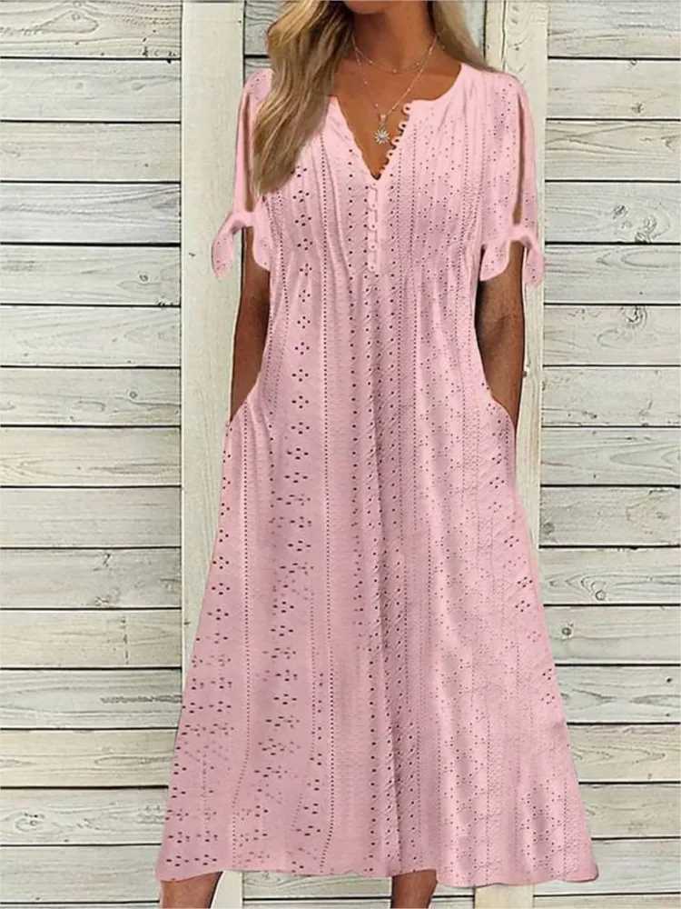 Summer Solid Color Short Sved Womens Dresses Fashion Sexy Hollow V Neck Lace Ruffle Casual Simple Fe Beach Holiday DressXJ2500207