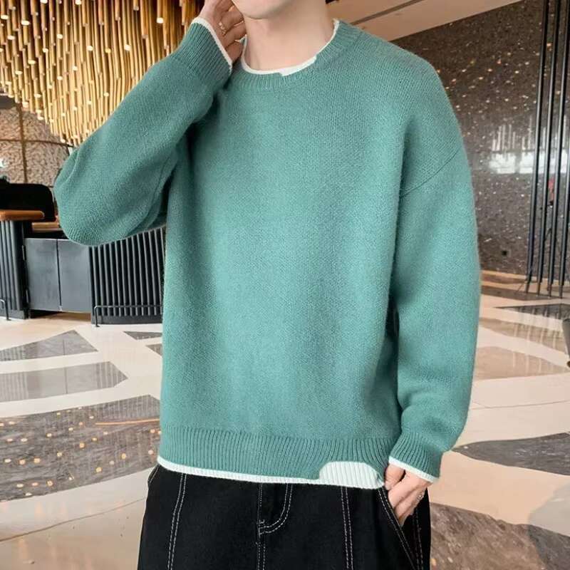 Knit Sweater Male Pullovers Round Collar Men's Clothing Crewneck Pink No Hoodie Spliced Warm Classic Knitwears Maletry Cotton X