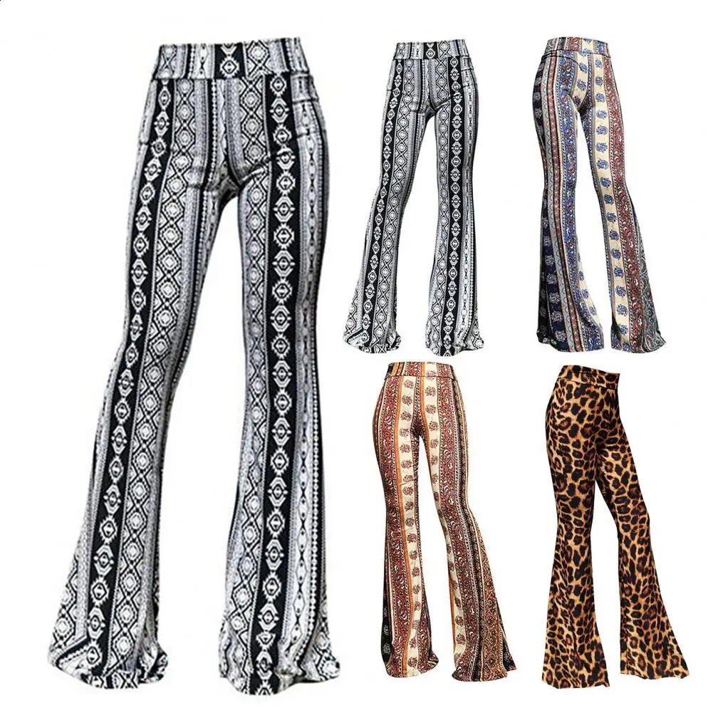 High Stretch Women Pants Soft Vintage 70s Leopard Print Flared Hem Long for Elastic Waist 250206