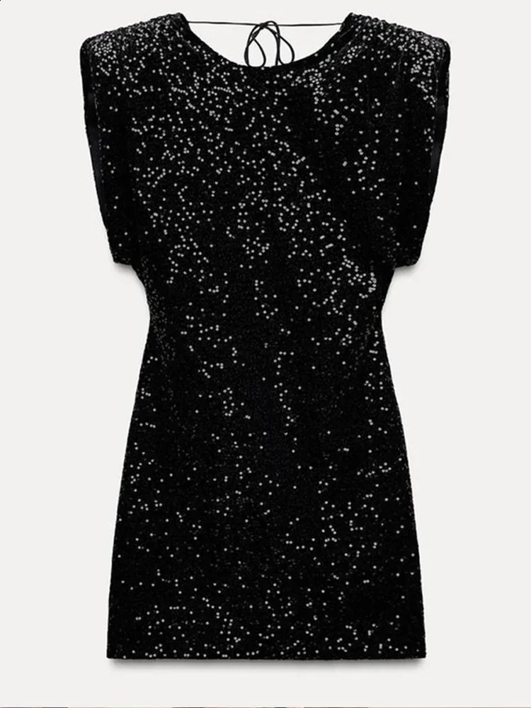 Fashion Shoulder Padded Sequin High Waist Women Vestidos Elegant Sleeveless Hidden Zipper A-line Dress 2024 Lady Party Wear 250107