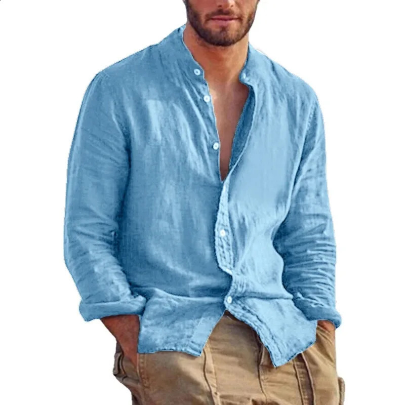 Sweatwear Mens Long Sleeve Shirt Linen Solid Color Shirts Trend Stand Collar Casual Lightweight Breathable Tops Hawaiian Shirt 250206