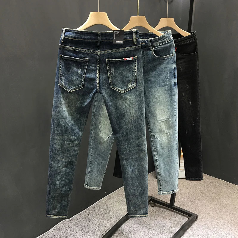 Y2k mens fashion denim pants highquality ultrathin fit fully matched with Trouser casual elastic pencil cut jeans 250207