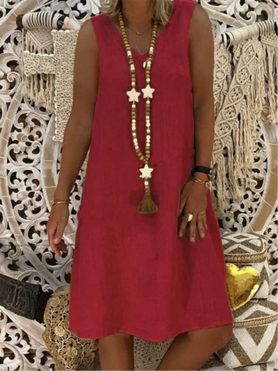 Summer Womens Fashionable Yellow V-neck Sveless Vest Vestidos 2024 Womens Casual Cotton Linen Patchwork Loose Mini DressXJ2500207