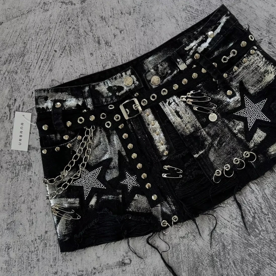 Fashion Gothic Women Y2K Denim Skirt Harajuku Retro Washed Rhinestone Sequin Baggy Denim Short High Waist Slim Mini Short Skirt 250206