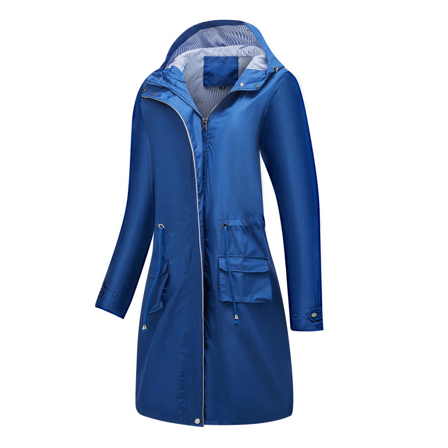 European Spring Autumn Long Casual Windbreaker WoMens Splash-proof Hooded Solid Color Striped Lining Straight Jacket Womens Long Trench Coat Womens Ja