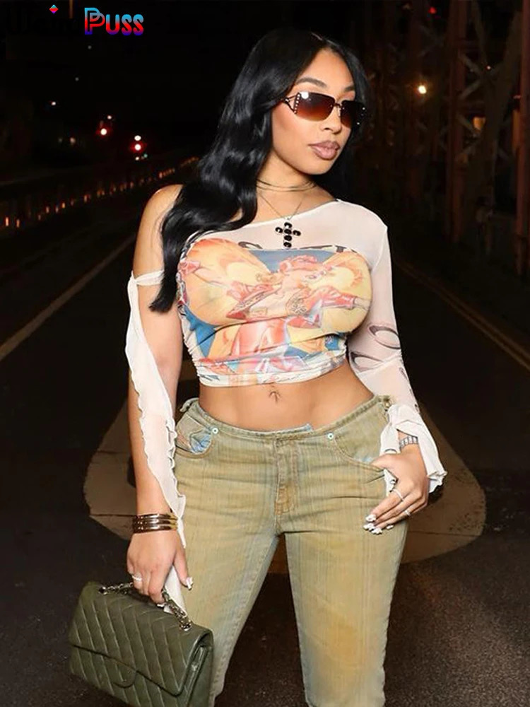 Weird Puss One Shoulder Crop Tops Women See Through Biased Collar Bandage Graphics t-Shirt Sexy Clubwear Summer Thin Tees 250206