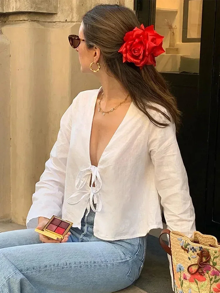 Womens Solid Casual Loose Fashion V-neck Lace-up White Shirt Long Sleeve Shirts 2025 Spring Female Chic Office Ladies Blouse 250110