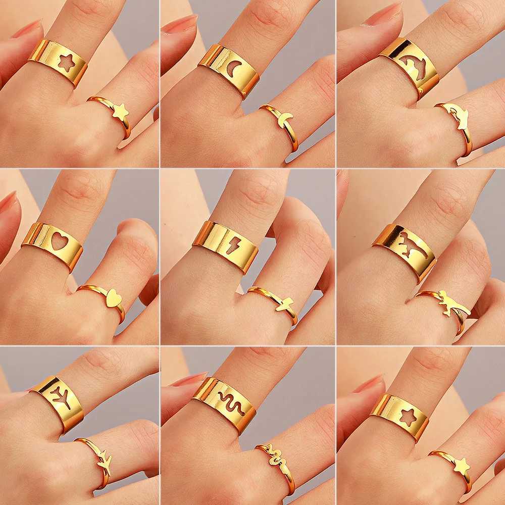 2pcs Silver Color Fashion Star Moon Heart Dinosaur Open Rings for Women Men Lover Couple Engagement Wedding Jewelry W250207