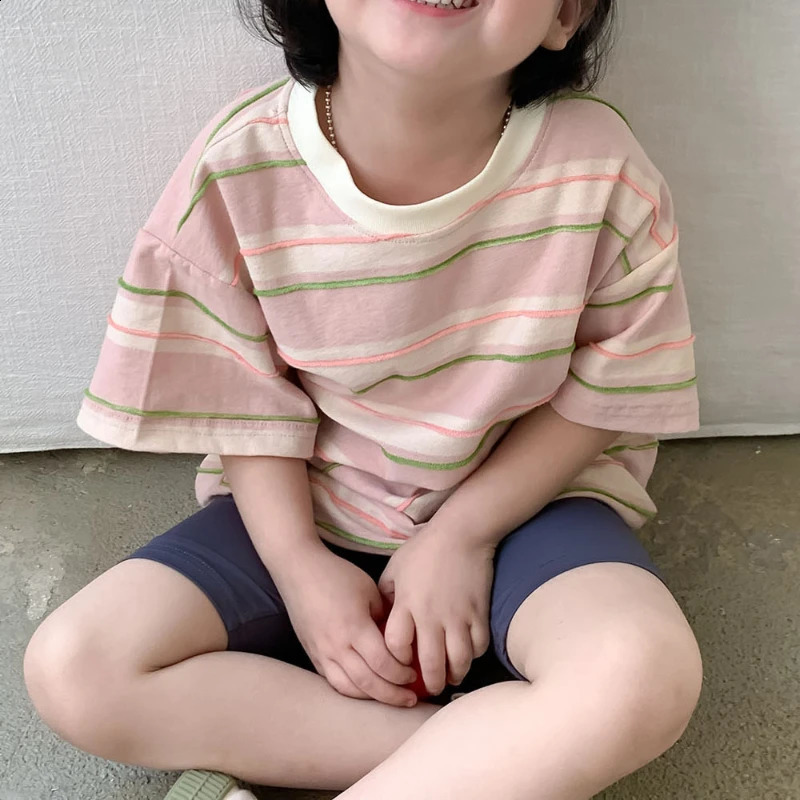 Children Clothing Girls T Shirt Korean Style Loose Short Sleeve Summer Fashionable Oversize Stripe T Shirt Top 250207