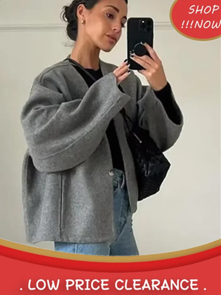 Elegant Grey Cropped Womens Jacket V Neck One Button Long Sleeves Loose Tweed Short Coat 2025 Spring Lady Office Outerwears 250110