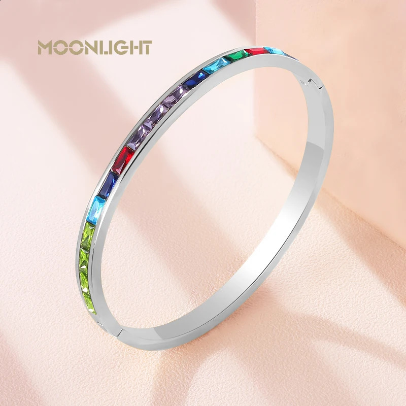 MOONLIGHT Fashion Colored Square Rhinestones Bangles Steel Bracelet for Woman Female Jewelry Gift Women Accessories 250207