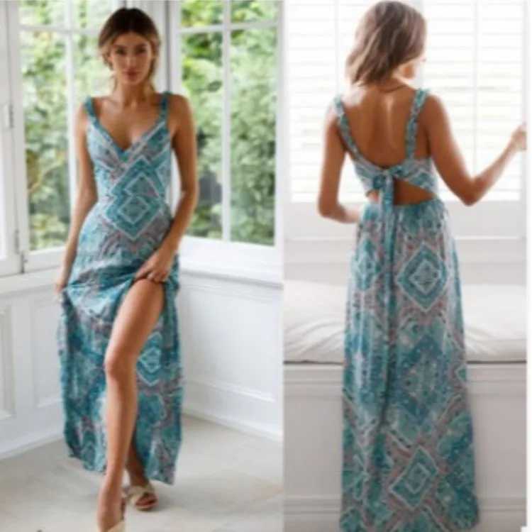 Women Sexy Backless Dress 2024 Summer Bohemian Floral Print Long Dresses Femal V Neck Vestidos Plus Size Lady Casual ClothesXJ2500207