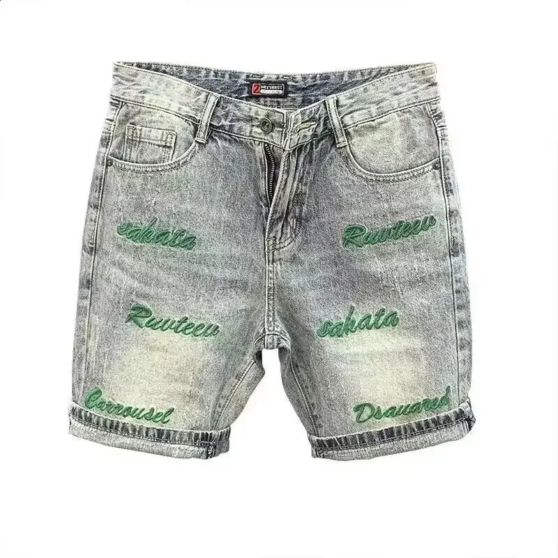 Male Denim Shorts Oversize Big Size Retro With Text Mens Short Jeans Pants Cut Cow Korean Fashion Jorts Sale Vintage 250206