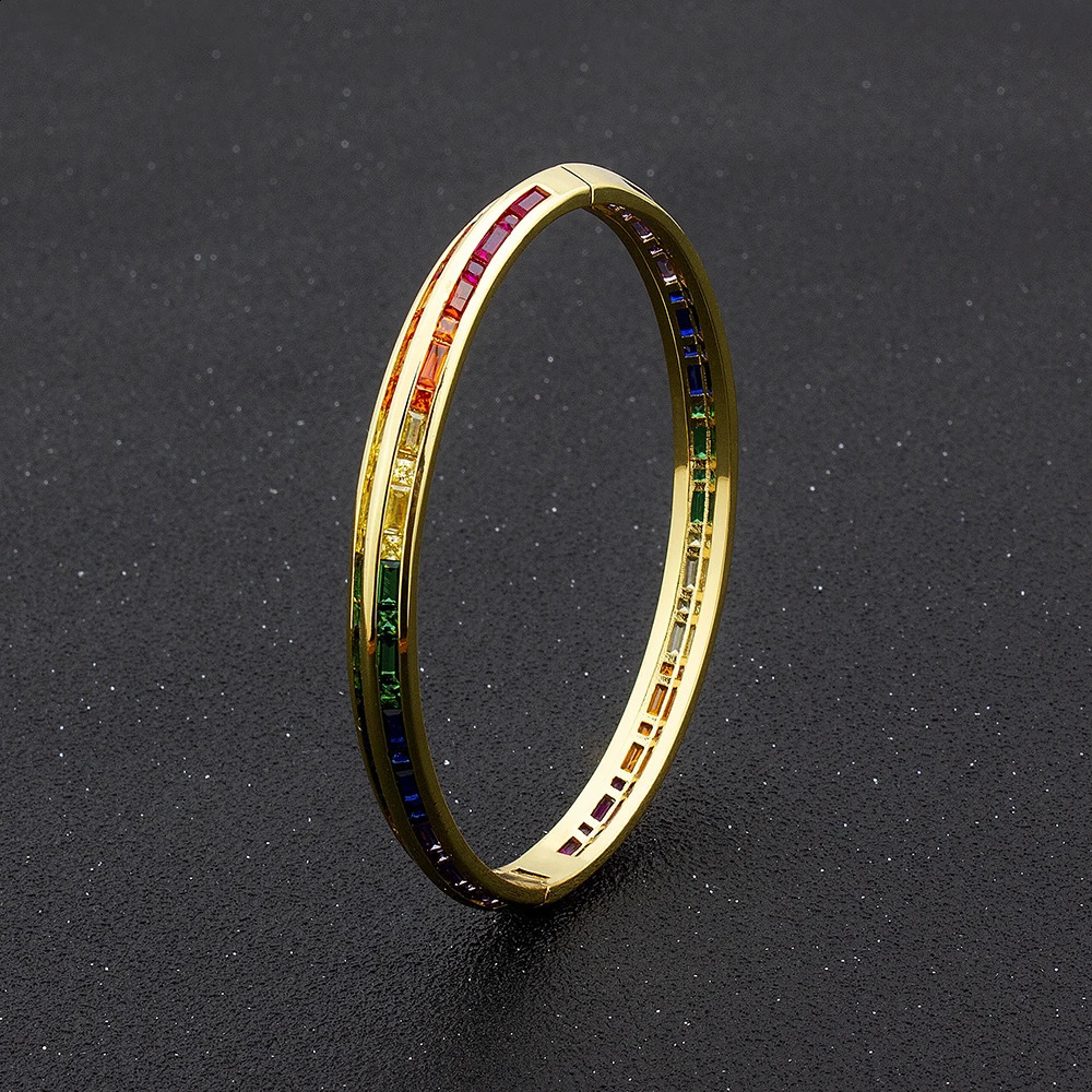 AIBEF Fashion Charm Rainbow Rhinestone Bangles Copper Zirconia Cuff Bracelets High Quality Jewelry Gift For Women Girls 250207