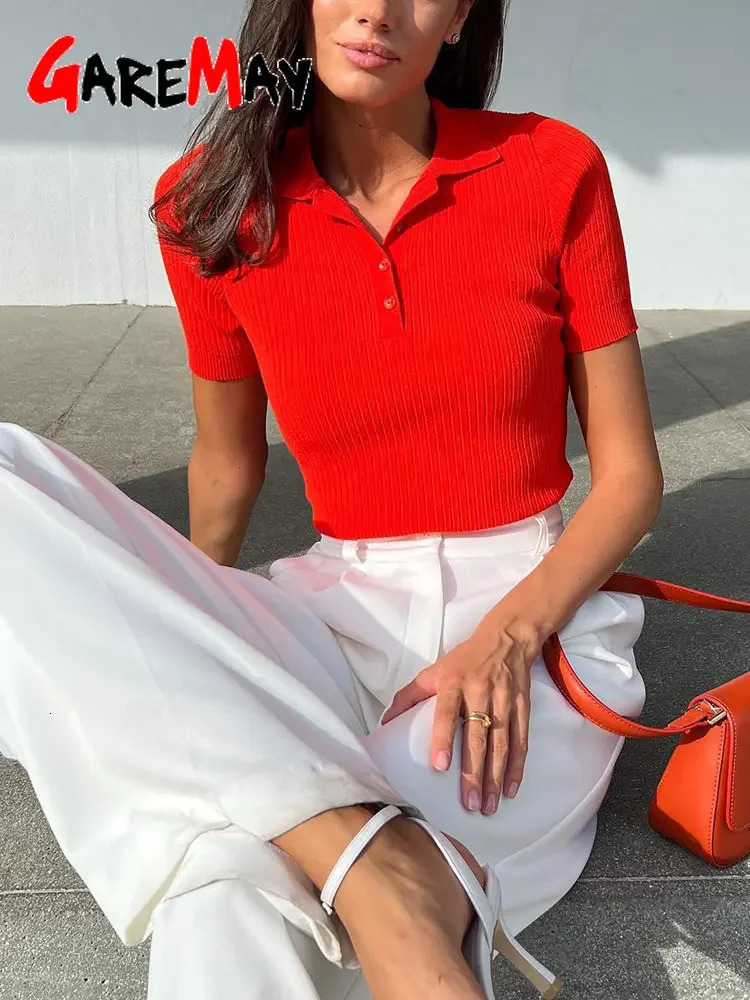 Womens Knitted Polo T-shirt Green Elegant Short Sleeve Women Summer Top Ribbed Sweater Slim Basic Polo with Collar for Women 250207