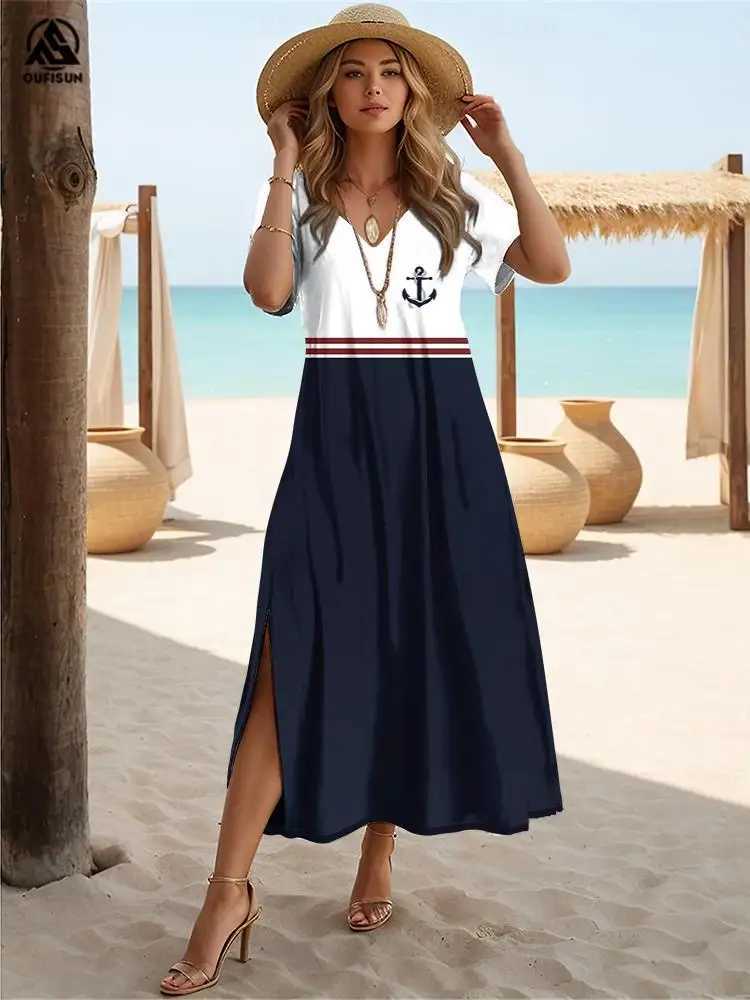 New Vacation Womens Dresses Anchor Print Ele Midi Dresses Feamle Short Sve Dress Fashion Oversized Clothes Summer 2024XJ2500207