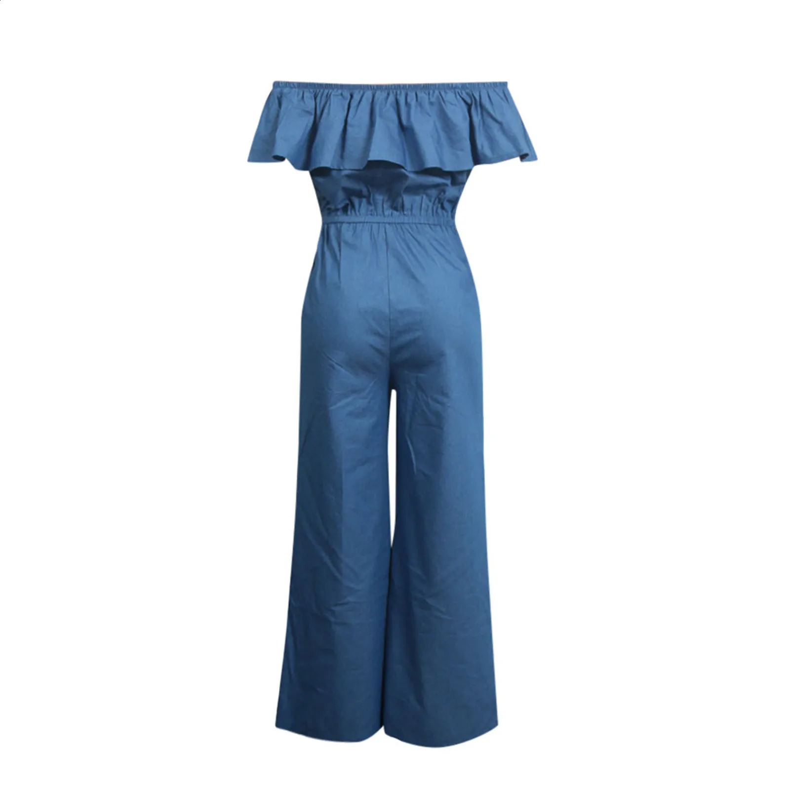 Plus Size 5xl Elegant Office Jumpsuits Women Long Denim Rompers 2024 Summer Casual Solid Color Ruffle Off Shoulder Overalls 250206