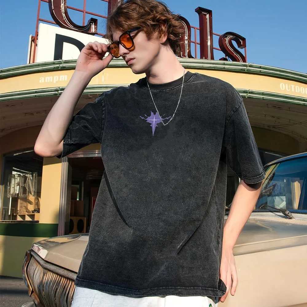 Mens Womens Vintage Washed Cotton T Shirt Streetwear Anime Solo Leveling Graphic Print Tops Harajuku Loose Short Sleeve TeesT250207