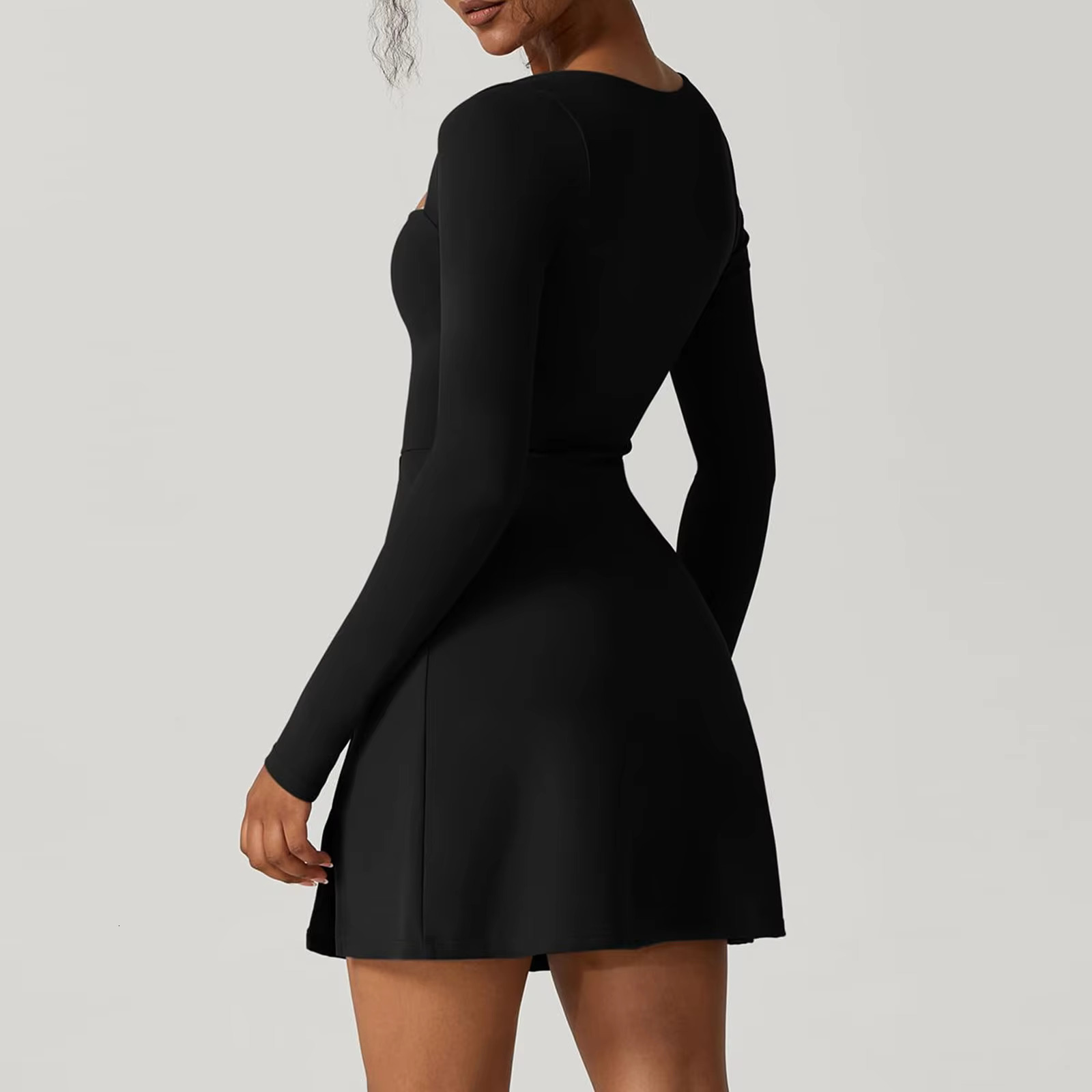 Combhasaki Women Spring Summer Solid Color Casual Basic Long Sleeve Square Neck High Split Hem Party Short Mini A-E Dress