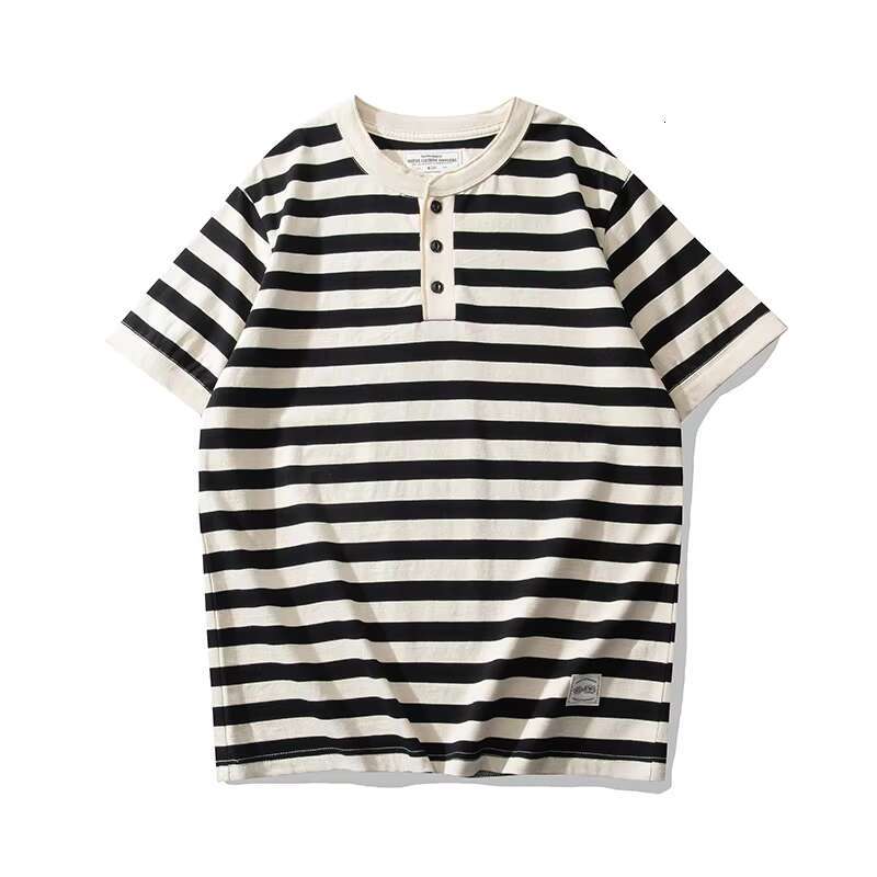 Heavyweight Short Sleeve Striped Neck T-Shirt Deck Sea Soul Henry Shirt, Outdoor Fiess Sports Tops, 240G