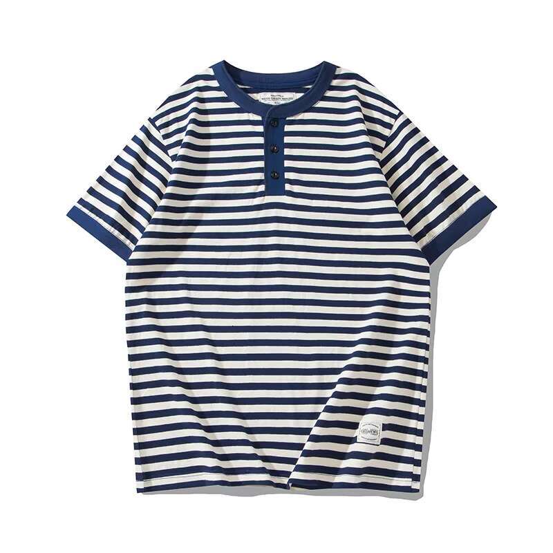 Heavyweight Short Sleeve Striped Neck T-Shirt Deck Sea Soul Henry Shirt, Outdoor Fiess Sports Tops, 240G