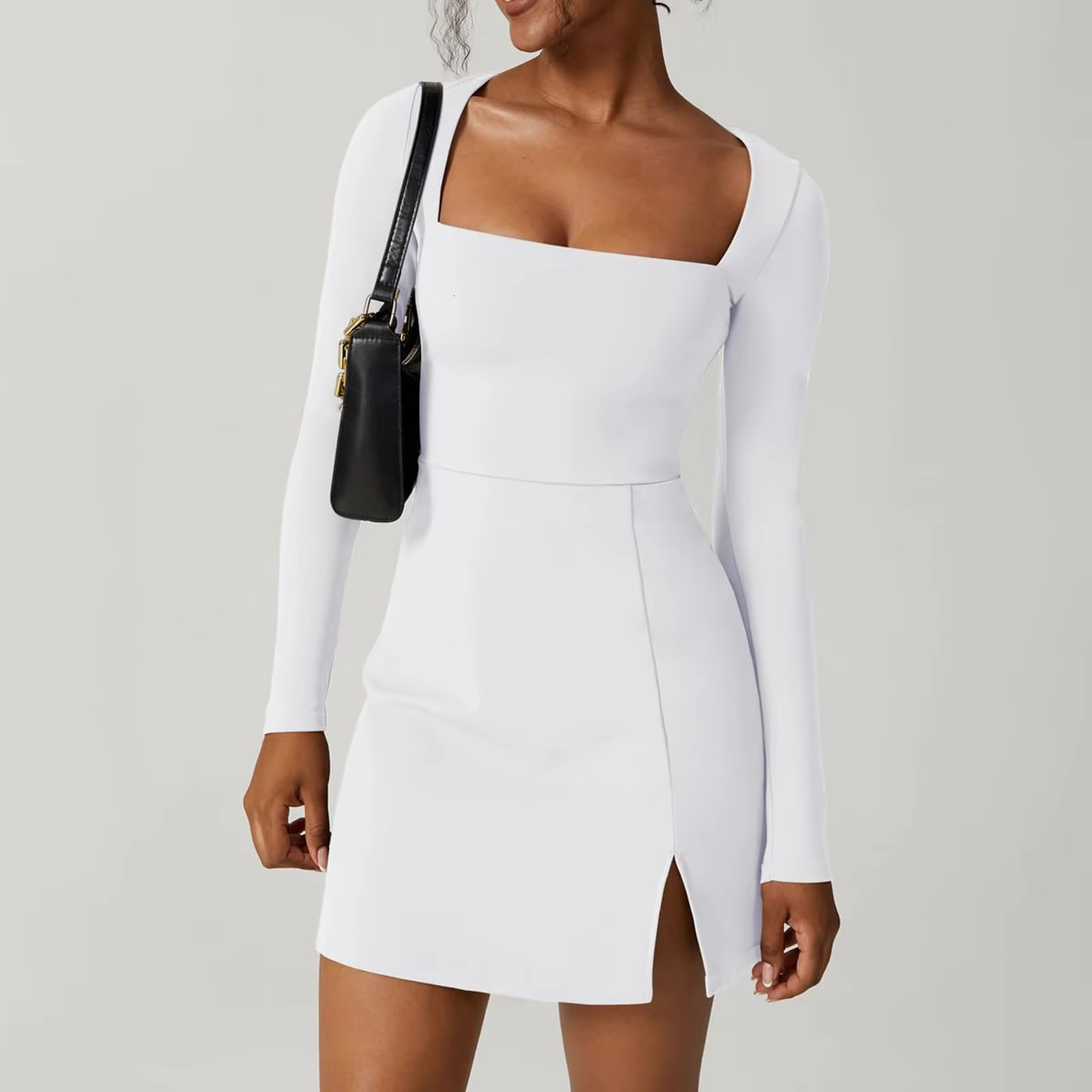 Combhasaki Women Spring Summer Solid Color Casual Basic Long Sleeve Square Neck High Split Hem Party Short Mini A-E Dress