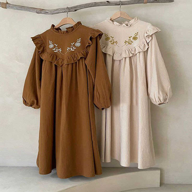 7342 Ins Girl Mother and Daughter Long Sleeve Embroidered Flower Dress Baby Clothing Family Match W250207 J250625