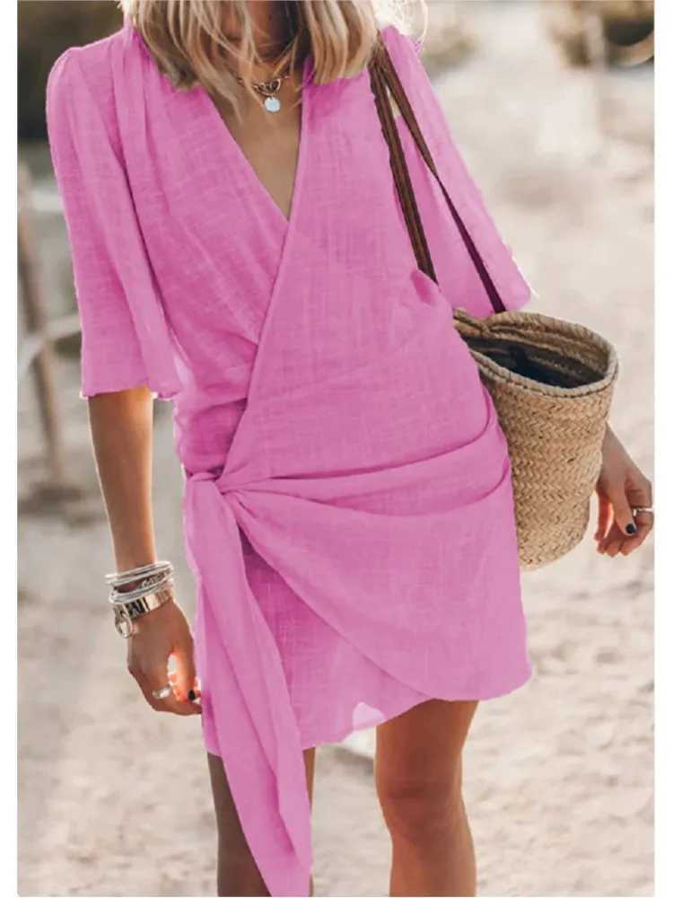 Casual V Neck Solid Color Short Sved Cross Lace Up Dress For Women Spring And Summer Simple Ele Mid Length Dresses FeXJ2500207