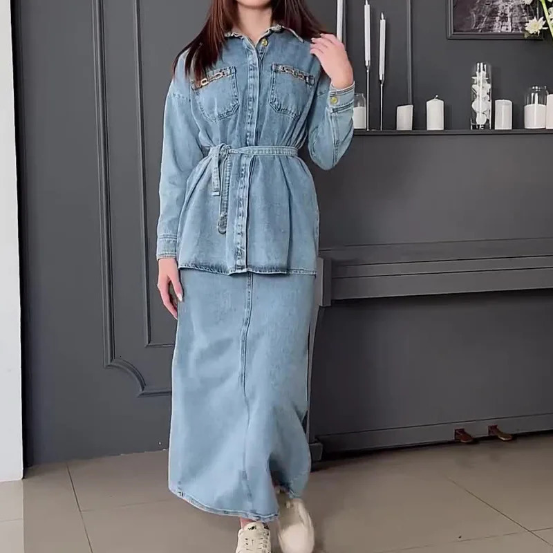 Two Piece Skirt Sets Women High Waist Long Denim Skirts Button Full Sleeve Splice Jeans Coats Pocket Lace Up Loose Fit 250207