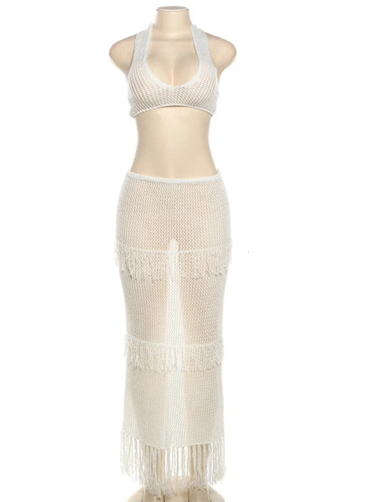 Leosoxs Beach Vacation 2 Piece Set Knit Women Y2K See Through Halter Low-Neck Tank TopTassel Multilayer Skirts Sexy Clubwear 250206