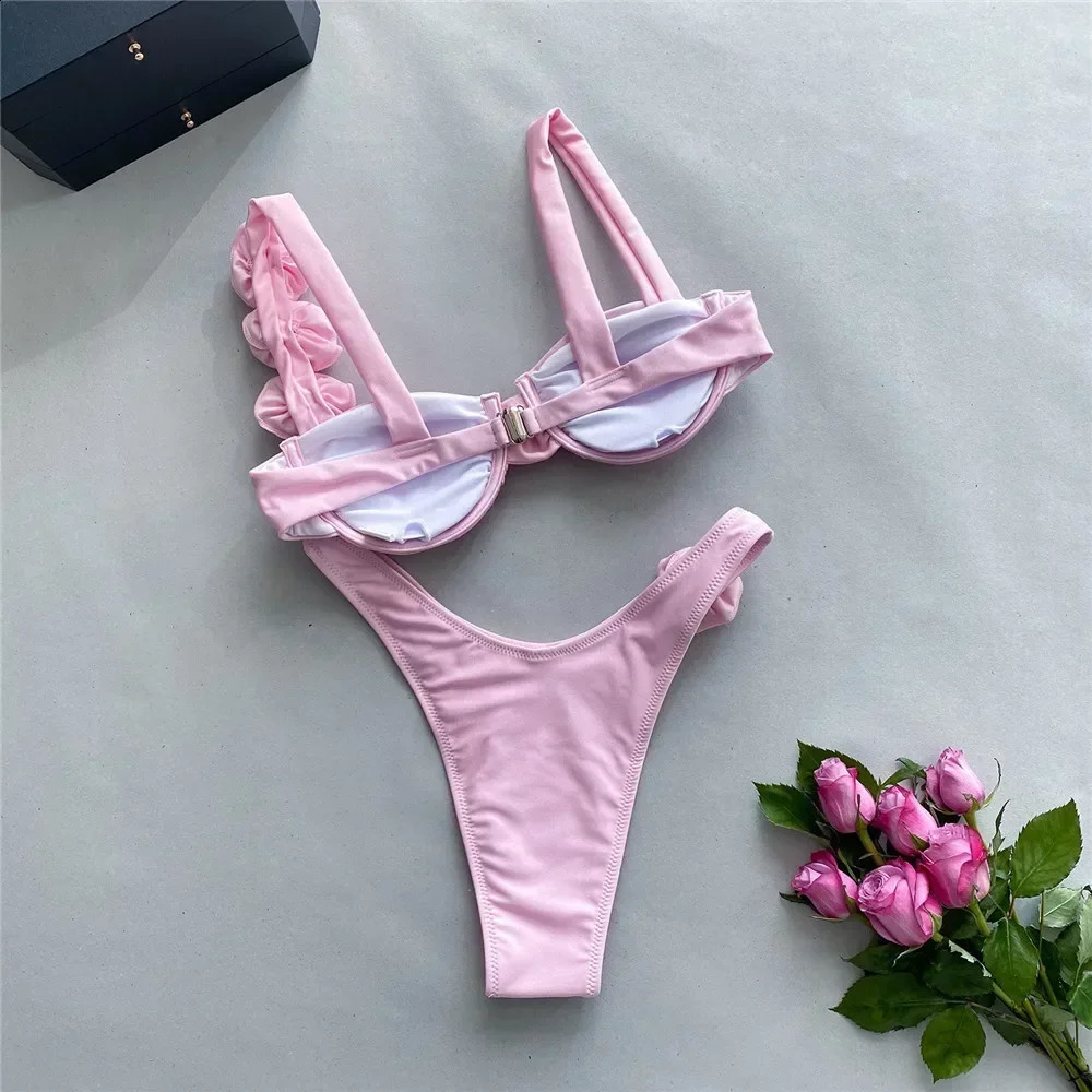 Sexy 3D Flower Shiny Pink Push Up Bikini 2025 Women Swimwear Underwired Swimsuit High Cut Bathing Suit Wrinkled Bikinis Sets 250113