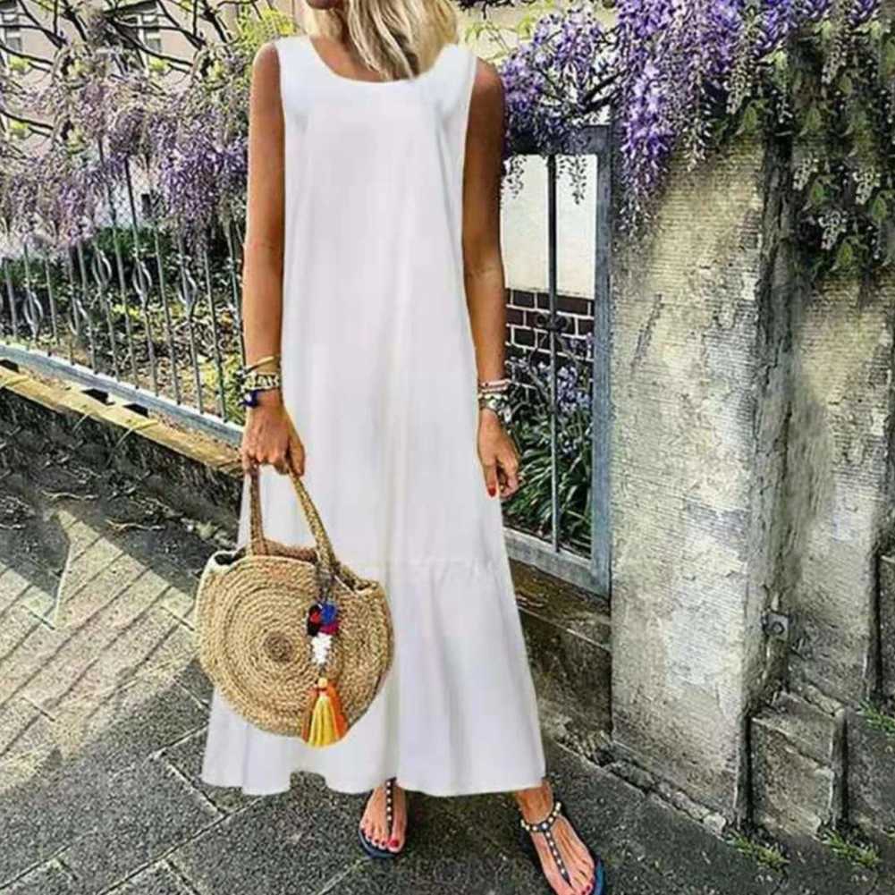 Loose dress Vintage Women Solid Color Sveless O Neck Pleated Large Hem Loose Tank Dress women Large Hem Loose Tank DressXJ2500207