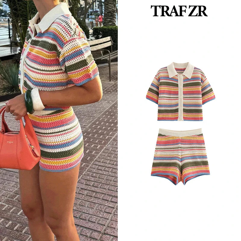 TRAF ZR Short Set Woman Two Pieces Casual Elegant Prairie Chic Striped Patchwork Sets Summer Suit Sleeve 250206