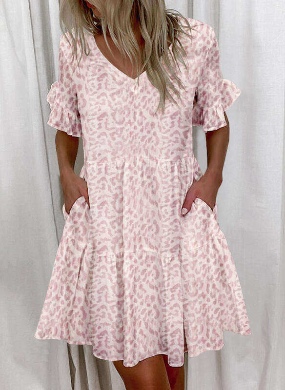 2021 European and American women's short print ruffle pocket dress for women 2024 new casual versatile fashion clothing