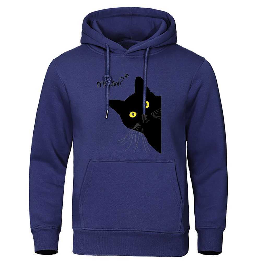 Meow Black Cat Hoodies Men Classic Oversized Round Neck Hoodie All-Match Creativity Tracksuit Quality Hip Hop Clothes For Men W250207