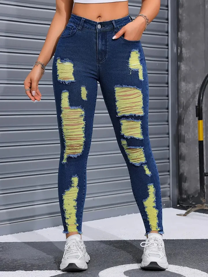 Ripped Jeans For Women Yellow Scratch Denim Pencil Pants High Waisted Stretch Skinny Hollow Out Sexy Female Mujer 250206