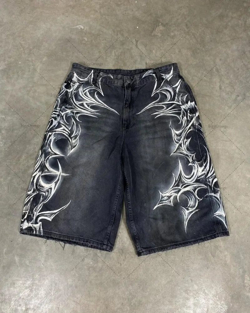 Gothic Punk Graphic Print Denim Shorts American Retro Baggy Five Points Straight Pants Men Harajuku Trend Y2K Streetwear 250207