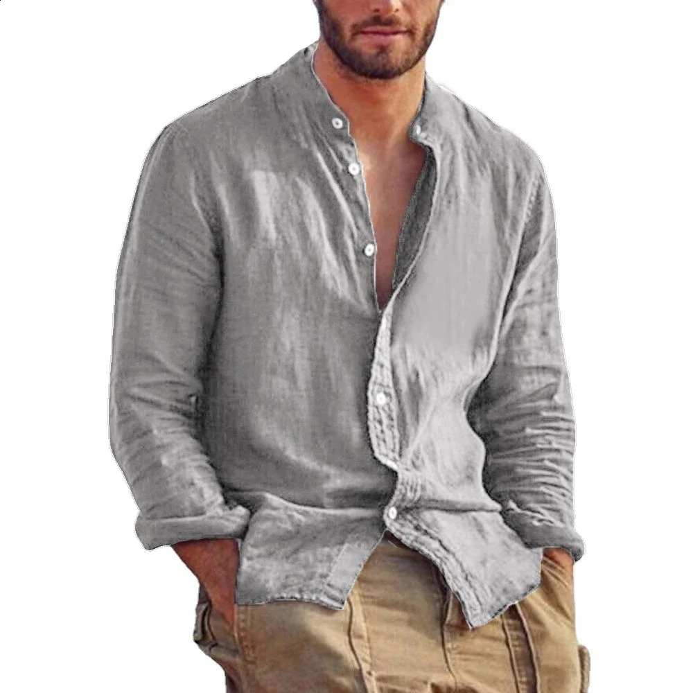 Sweatwear Mens Long Sleeve Shirt Linen Solid Color Shirts Trend Stand Collar Casual Lightweight Breathable Tops Hawaiian Shirt 250206