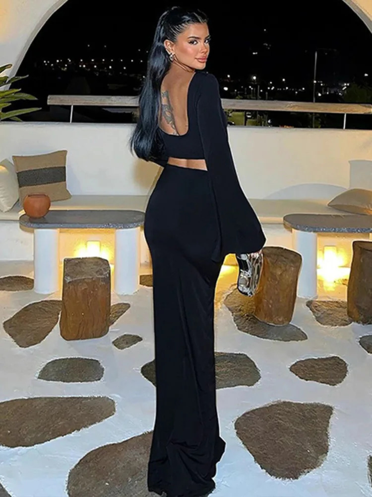 Mozision Hollow Out Sexy Two Piece Sets Women Backless Long Sleeve T-shirt And Maxi Skirt Matching Sets Sexy Split Skirt Set 250206