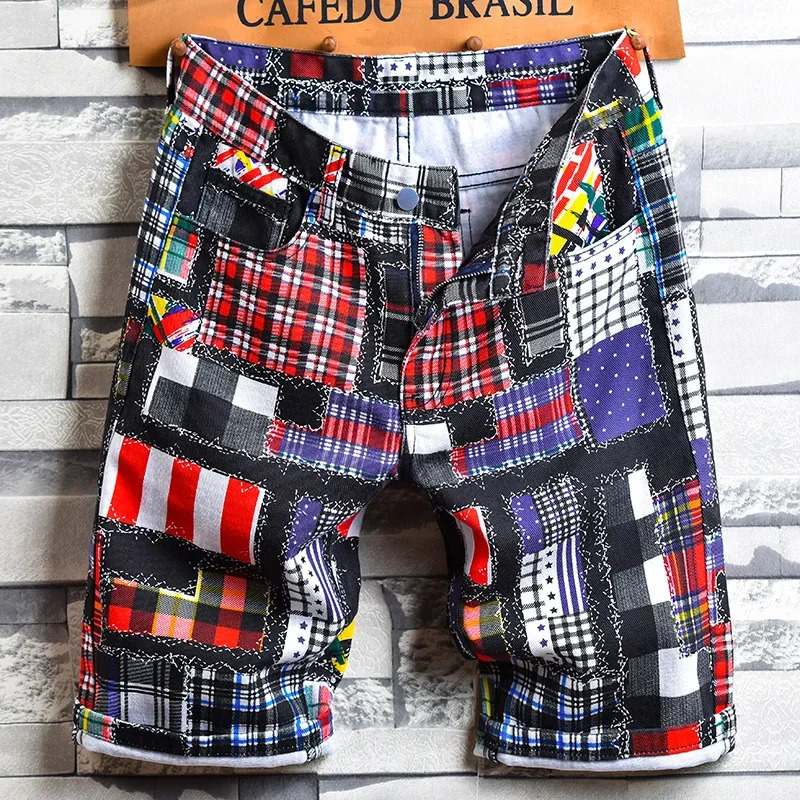 Summer Floral Plaid Print Denim Shorts Streetwear Hole Straight Slim Casual Jeans Male Clothes 250207