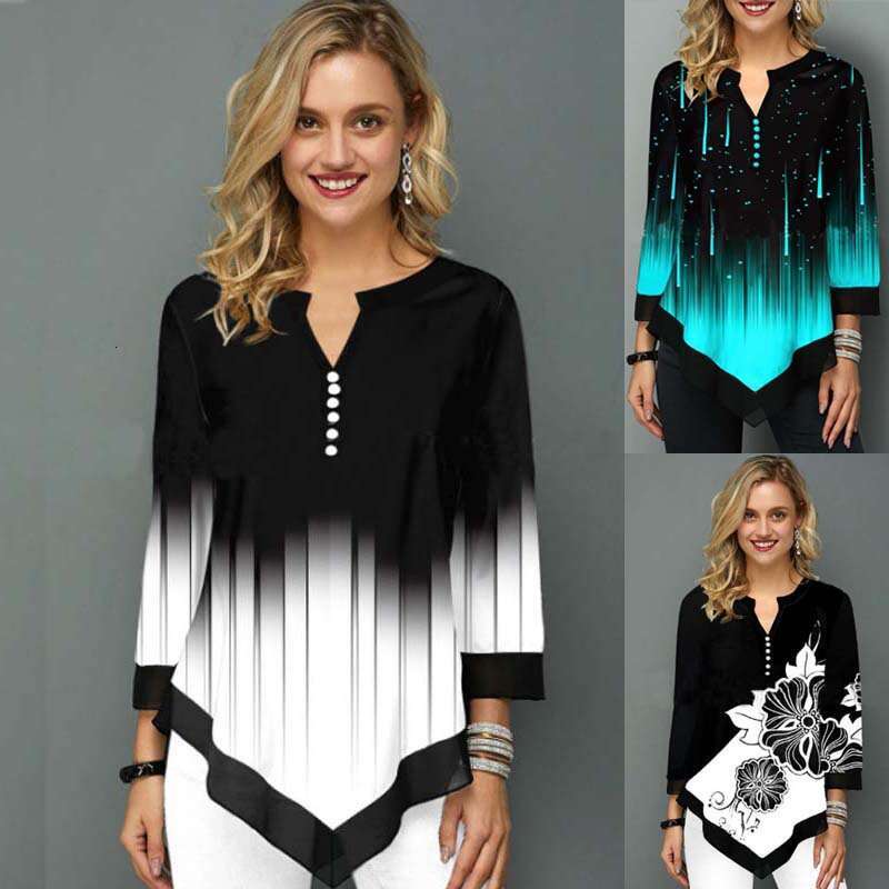 3D positioning printed street trendsetter V-neck irregular hem loose T-shirt 2024 new casual versatile fashion clothing