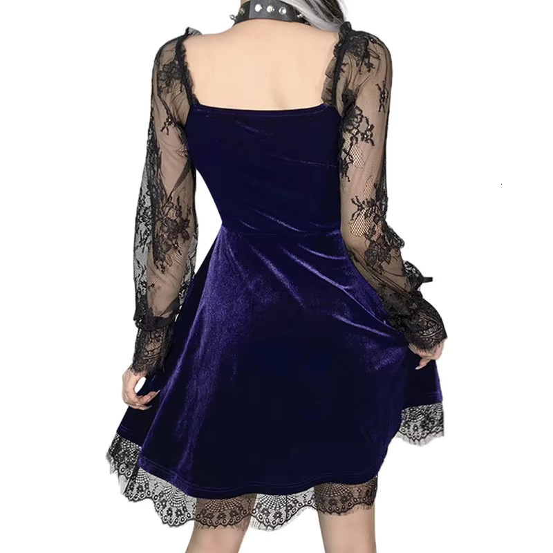 Women Lolita Mini Evening Party Spring Summer Clothes Ral Long Sleeve Lace Patchwork Dress Sexy Club